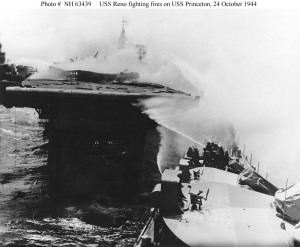 USS Reno fighting the fires on the USS Princeton